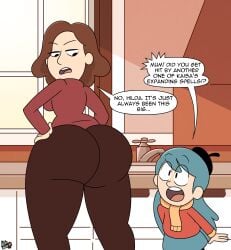 2022 2girls 4_fingers altzegoz_(artist) annoyed annoyed_expression ass big_ass big_breasts black_eyes blue_eyes blue_hair bottom_heavy british_accent brown_hair bubble_butt curvaceous cute dat_ass dialogue english_text female hilda_(hilda) hilda_(series) huge_ass huge_butt johanna_(hilda) looking_back milf mommy mother mother_and_daughter multiple_girls sideboob source_request tagme text thick_thighs tight_clothing tight_pants