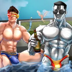 2boys bulge colossus cyclops_(x-men) kaillrex male male_only manly marvel marvel_comics muscular_male pecs pool scott_summers speedo spread_legs x-men yaoi