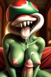 1boy 1girls ai_generated anthro big_breasts breasts cum cum_drip cum_in_mouth cum_on_breasts cum_on_penis cum_on_tongue faceless_male female green_skin human_on_plantie humanoid_penis large_breasts male/female mario_(series) nintendo open_mouth oral penis piranha_plant plant plant_girl plantie tagme tailzai teeth tongue tongue_out