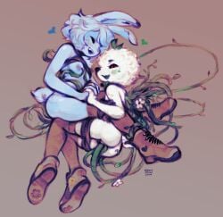 2023 anthro ass bestfriendforever besty_(character) black_sclera blue_body blue_fur blush boots breasts closed_eyes clothing digital_media_(artwork) duo female flower footwear freckles fur hair hand_holding heart hi_res lagomorph leporid mammal nipples plant rabbit simple_background smile vine_tentacles white_body