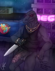 2d 2d_(artwork) anthro big_penis city epic_games erection foreskin fortnite gradient_penis hi_res holding_knife humanoid_genitalia humanoid_penis jewelry jockstrap komodo_dragon leaning_back lizard looking_at_viewer male male_only muscular muscular_male necklace nipples notrav penis red_eyes scalie solo tank_top thunder_(fortnite)