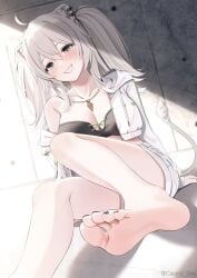 animal_ears bare_legs barefoot black_nails black_toenails casino_(casinoep) feet foot_fetish foot_focus hololive hololive_gen_5 hololive_japan looking_at_viewer shishiro_botan soles tagme tail toenail_polish toenails toes virtual_youtuber vtuber white_hair