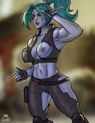 2023 2d abs athletic athletic_female blue_hair blurry_background breasts catias cosplay elf elf_ears eyepatch female fit fit_female gotalex muscles night_elf night_elf_female nipples one_breast_out palgirls pointy_ears ponytail prettyandlethal ripped_clothes ripped_clothing ripped_pants sonya_blade_(cosplay) tactical_gear tactical_gloves tactical_vest world_of_warcraft