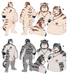 anthro arm_tattoo arm_tuft ass balls beard belly biceps black_stripes brown_hair brown_stripes chest_tattoo chubby_anthro chubby_male cjk_character claws ear_piercing ear_ring elbow_tuft eyewear facial_hair facial_piercing felid finger_claws foreskin front_view fur genitals glasses grey_body grey_eyes grey_fur hair heart hi_res humanoid_genitalia humanoid_penis jewelry looking_at_viewer male mammal model_sheet navel necklace nipple_piercing nipple_ring nipples nose_piercing nose_ring nude pantherine pecs penis piercing rear_view ring_piercing septum_piercing septum_ring side_view simple_background solo standing striped_body striped_fur stripes taika_(nekoritaika) takahirosi tan_body tan_fur tattoo tiger toe_claws tongue tongue_out tuft update vein veiny_penis white_background