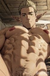 1boy 2023 ai_generated bara bara_tits barazoku elf gay kraft_(sousou_no_frieren) looking_at_viewer male male_focus male_nipples male_only male_pubic_hair manly muscular_male nipples pecs pointy_ears solo solo_male sousou_no_frieren yaoi