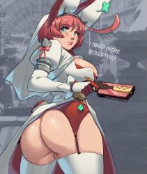 1girls ass_focus big_ass big_breasts blaster blue_eyes cute elphelt_valentine fat_ass goofy guilty_gear guilty_gear_strive guilty_gear_xrd gun i_need_more_bullets large_ass light-skinned_female light_skin meme pink_hair skullworms solo wedding_dress