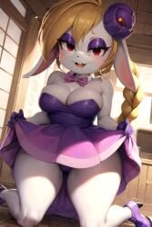 1girls ai_generated anthro big_breasts blonde_hair blush blushing_at_viewer bowtie breasts broodal bunny_ears bunny_girl cleavage clothing collar dress female female_only half-closed_eyes hariet_(mario) indoors looking_at_viewer mario_(series) nintendo open_mouth rabbit rabbit_ears rabbit_girl red_eyes shoes shorts smile smiling smiling_at_viewer solo super_mario_odyssey thick_thighs underwear undressing voluptuous voluptuous_female