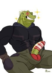 abs absurd_res balls barely_contained big_balls big_penis clothed clothing cock_sock dorohedoro footwear genitals hi_res humanoid kaiman kaiman_(dorohedoro) lizard male male_only muscular muscular_male pecs penis penis_clothing raskalaskal reptile scalie socks solo underwear