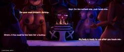 bonfie bonnie_(cally3d) bonnie_(fnaf) breasts cake chica_(cally3d) chica_(fnaf) chiku fexa five_nights_at_freddy's foxy_(cally3d) foxy_(fnaf) freddy_(fnaf) fredina's_nightclub fredina_(cally3d) frenni_fazclaire lightshow only_female sapphire_(thatonevoidbun) tagme text