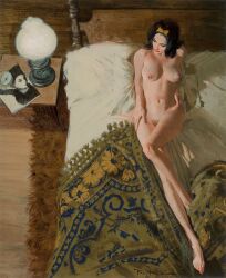 above_view artistic_nude bed black_hair casual_nudity hairbow lying medium_breasts realistic robert_mcginnis solo traditional_media_(artwork)