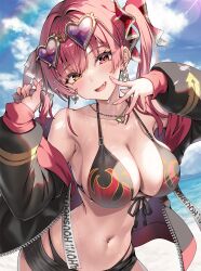 :d alternate_costume bikini black_jacket blue_sky breasts eyewear_on_head female flame_print gold_necklace heart heart-shaped_eyewear heterochromia hololive hololive_fantasy hololive_japan houshou_marine jacket jewelry kubota_masaki large_breasts navel necklace ocean oerba_yun_fang open_mouth red_eyes red_hair sky smile solo stomach strap_gap sunglasses swimsuit twintails virtual_youtuber yellow_eyes