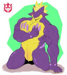 5_fingers absurd_res amped_toxtricity animal_genitalia anthro blush fingers genital_slit genitals hi_res kneeling male male_only mels_monster_(artist) muscular muscular_anthro muscular_male nintendo nude pecs pokémon_(species) pokemon purple_body slit solo toxtricity video_games