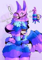 animate_inanimate anthro ass bottomless bra breasts clothed clothing female fortnite gag gagged llama loot_llama multicolored_body sketchy_protogen solo_female surprised tail thighs