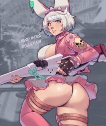 1girls ass ass_focus big_ass big_breasts dat_ass elphelt_valentine guilty_gear guilty_gear_strive guilty_gear_xrd gun i_need_more_bullets large_ass light-skinned_female light_skin lipstick meme pale-skinned_female pale_skin revealing_clothes skullworms solo solo_female solo_focus thick_thighs tiny_waist wedding_dress