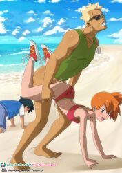 1boy1girl 1girls 2boys ambiguous_penetration beach beach_sex bikini clenched_teeth cuckold cum_inside defeated defeated_heroine female gym_leader hair_tie kasumi_(pokemon) lt_surge netorare nintendo ntr open_mouth orange_hair pokemon pokemon_(anime) pokemon_rgby satoshi_(pokemon) scrunchie shoes short_ponytail side_ponytail straight_hair sunglasses the_dark_mangaka tinted_eyewear wheelbarrow_position