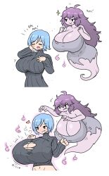 angry_expression big_breasts black_eyes blue_hair breast_expansion breasts_bigger_than_head grey_shirt looking_pleasured looking_surprised magic magical_girl magical_stimulation ripping_clothing sheepapp smiling spirit text violet_eyes violet_hair violet_skin