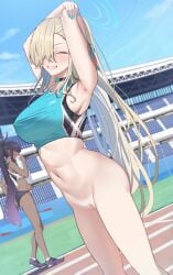 2girls absurdres alternate_costume armpits arms_up asuna_(blue_archive) bikini bikini_shorts black_buruma blonde_hair blue_archive bottomless breasts buruma cleaning_&_clearing_(blue_archive) cleft_of_venus closed_eyes dark_skin full_body grin hair_over_one_eye highres karin_(blue_archive) large_breasts long_hair looking_at_viewer millennium_science_school_student multiple_girls no_panties no_pants outdoors ponytail public public_indecency public_nudity pussy ramanda shoes shorts smile sneakers sports_bikini sports_bra sportswear stadium swimsuit third-party_edit towel track_uniform uncensored