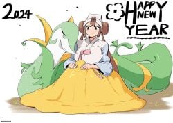 2024 brown_eyes brown_hair fully_clothed happy_new_year huge_breasts kimono new_year nintendo no_penetration pokemon pokemon_bw pokemon_bw2 rosa_(pokemon) serperior sitting sleeping smile wholesome woohyoot