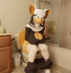 3d_(artwork) anthro bat bathroom bathroom-art_(artist) big_breasts boots bottomwear bottomwear_down breasts casual clothed clothing digital_media_(artwork) feces female footwear fur furniture hair jewelry mammal necklace nun nun_outfit plunger rouge_the_bat scat sega shower skirt_down solo sonic_(series) sonic_the_hedgehog_(series) table toilet toilet_paper topwear towel trash_can warfare_machine