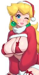 1girls 2023 bikini blonde_hair blue_eyes blush breasts christmas christmas_headwear christmas_outfit cleavage female female_focus female_only huge_breasts light-skinned_female light_skin looking_at_viwer mario_(series) nintendo one_eye_closed princess_peach red_bikini rizdraws santa_hat simple_background skindentation smiling smiling_at_viewer thick_lips thick_thighs thighhighs wink winking_at_viewer