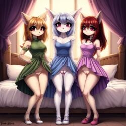 3girls ai_generated anthro bedroom big_eyes blush cute cute_series_(darkeffect) darkeffect looking_at_viewer petite petite_female pointy_ears small_breasts