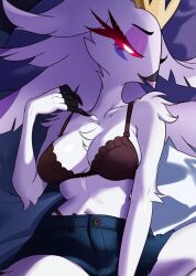 1girls anthro avian beak big_breasts bird bra breasts clothing crown demon eyelashes feathers fluffy fur helluva_boss jesterwing mature_anthro mature_female owl owl_demon red_sclera shorts smile stella_(helluva_boss) tuft white_eyes white_feathers white_fur