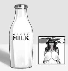 animal_ears animal_print areolae bangs bar_censor blunt_bangs blush bottle breasts cape censored covered_eyes cow_ears cow_girl cow_horns cow_print cow_witch_(houtengeki) ear_tag female gloves hat horns houtengeki huge_breasts identity_censor lactation large_areolae long_hair milk milk_bottle navel nipples original photo_(object) slq sweat upper_body witch_hat