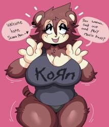 alternate_breast_size animal_crossing big_breasts breasts clothed clothing dialogue dork_boi english_text female fur furry furry_only heart korn_shirt lewd_dorky nintendo sable_able solo tagme text thick_thighs wide_hips