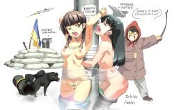 3girls aircraft airplane black_hair bondage bondage bound breasts brown_hair canine crying drawfag medium_breasts multiple_girls nipples old old_woman open_mouth original panties panty_pull rocket screaming speech_bubble teeth ukraine ukrainian_flag ukrainian_text underwear utility_pole