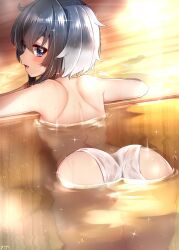 ass back bangs black_hair blush commentary_request female from_behind grey_hair hat highres kantai_collection looking_at_viewer looking_back multicolored_hair nude oerba_yun_fang onsen open_mouth partially_submerged purple_eyes short_hair short_hair_with_long_locks shoulder_blades sidelocks smile solo sparkle steam tokitsukaze_(kantai_collection) towel water wet yufukiri