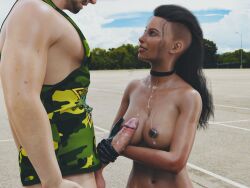 1boy 1girls 3d biker black_hair choker cum cum_on_breasts cum_on_nipples dark-skinned_female dark_skin depth_of_field female gloves lewd4d male medium_breasts nude_female outdoor outdoor_nudity outdoor_sex outdoors outside slushe_(website) smile straight undercut