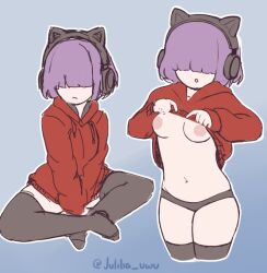 black_legwear black_thighhighs black_underwear flashing gamer_girl headphones hidden_eyes hidden_face hoodie julilia_uwu julilia_uwu long_bangs otaku purple_hair red_hoodie thick_thighs thighs underboob