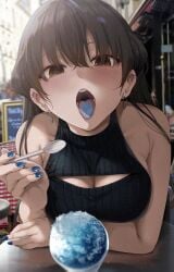 1girls absurd_res bare_shoulders blue_nails blue_tongue blush blushing breasts brown_eyes brown_hair cleavage cleavage_cutout cute date dinner_date ear_piercing earrings eating female food hi_res hoop_earrings konata_(kankin_jk) large_breasts long_hair looking_at_viewer nail_polish naughty_face open_mouth piercing pov restaurant ryouma_(galley) shaved_ice sitting sleeveless_sweater snow_cone spoon story_of_a_manga_artist_confine_by_a_strange_high_school_girl sweater table tongue tongue_out