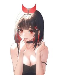 big_breasts blush breasts choker cleavage clothed clothing curves curvy cute dress exposed_shoulders fully_clothed large_breasts lips oc orange_eyes saeu shoulders slight_blush strap_slip tagme thick