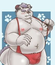 1boy 2022 anthro balls_outline behemoth_(tokyo_afterschool_summoners) belly big_belly black_nose bulge clothed clothing cute_fangs erection erection_under_clothing genital_outline hi_res humanoid_hands kemono lifewonders male male_only moobs nipples one_eye_closed overweight overweight_male penis_outline sangguri_32 solo tokyo_afterschool_summoners underwear video_games