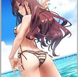 ass baffu bikini bikini_top_undone blue_eyes blush brown clouds cowboy_shot day dutch_angle earrings female from_behind hair horizon ichinose_shiki idolmaster idolmaster_cinderella_girls jewerly long_hair looking_at_viewer looking_back ocean outdoors purple_hair side-tie_bikini_bottom sky slight_blush solo sparkle striped striped_bikini swimsuit untied untied_bikini water wavy_hair