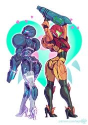 2girls alien armor armored_dark_samus armored_samus ass black_high_heels black_legwear black_lingerie black_stockings black_thighhighs blush bodysuit broken_armor butt crossed_legs dark_samus duo faceless female female_only hearts helmet helmet_with_visor high_heels kajinman legwear lingerie looking_at_viewer metal metroid nintendo pose power_armor power_suit samus_aran stockings thick thick_ass thick_hips thick_thighs thighhighs thighs varia_suit varia_suit_helmet white_high_heels white_legwear white_lingerie white_stockings white_thighhighs wide_hips