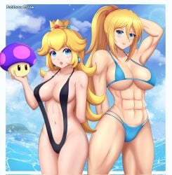 2girls abs alternate_costume armpits blonde_hair breasts crossover female mario_(series) metroid muscular_female mushroom nintendo outdoors outside patdarux princess_peach samus_aran sexy_armpits super_mario_bros. tagme tomboy