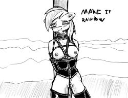 anthro ball_gag bondage bound closed_eyes clothing collar dripping_pussy ears_down equid equine female friendship_is_magic gag gloves handwear hasbro latex_gloves latex_stockings mammal monochrome my_little_pony nipple_piercing nipple_ring nipples pegasus piercing pivoted_ears rainbow_dash_(mlp) restraints rope rope_bondage sketch solo straight_hair warskunk_(artist) wings