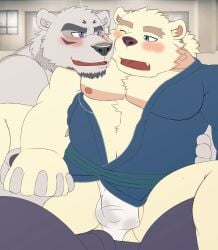 anthro asian_clothing balls belly blush borealis_(live-a-hero) bulge clothing crossover duo east_asian_clothing eyebrows fundoshi fur gay genitals hand_holding japanese_clothing leib_(tokyo_afterschool_summoners) lifewonders live-a-hero male male/male male_only mammal musclegut nipples pecs polar_bear takatoratorao thick_eyebrows tokyo_afterschool_summoners underwear ursid ursine video_games white_body white_fur yaoi