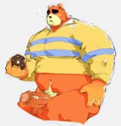 2022 animal_crossing anthro balls boner closed_eyes clothing dessert doughnut erection food genitals hi_res humanoid_genitalia humanoid_hands humanoid_penis male male_only mammal musclegut nintendo orange_body overweight overweight_male penis phosbara shirt solo teddy_(animal_crossing) topwear ursid video_games