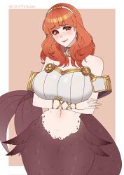 1girls bangs bare_midriff breasts celica_(fire_emblem) cryptid_crab earrings female female_only fire_emblem fire_emblem_echoes:_shadows_of_valentia huge_breasts medium_hair mermaid midriff monster_girl nintendo orange_eyes orange_hair smile solo tiara