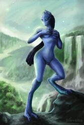 1girls 2_toes 2d 2d_(artwork) 4_fingers alien alien_girl alien_humanoid blue_pussy blue_skin breasts clawed_fingers clawed_toes clitoris completely_nude covering_breasts detailed_background digitigrade female female_only female_solo forest glowing_eyes head_crest hips hourglass_figure labia legs_apart long_legs medium_breasts no_mouth nude protoss pseudo_hair pussy shy sinvelia solo solo_female starcraft stars thick_thighs thighs vulva waterfall