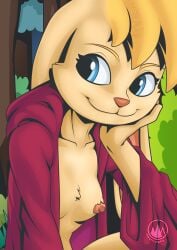 activision anthro bianca_(spyro) big_ears blonde_hair blue_eyes breasts chest_tuft clothed clothing digital_media_(artwork) female fur hair hand_on_head happy hi_res lagomorph leporid mammal mysticalpha nipples nude partially_clothed pinup pose rabbit sitting small_breasts smile solo spyro_the_dragon tuft video_games watermark