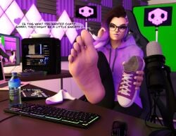 3d barefoot computer earlpedibus feet female female_only femdom foot_fetish keyboard latina looking_at_viewer overwatch shoes shoes_removed smelly_feet soles solo sombra text toes