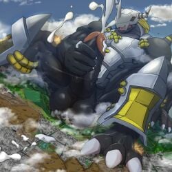 aircraft airplane anthro armor balls bandai_namco big_muscles big_penis black_body black_skin blackwargreymon blonde_hair bodily_fluids city claws closed_eyes cloud cum cum_on_city cumshot digimon digimon_(species) dragon ejaculation genital_fluids genitals hair hand_on_floor hand_on_penis headgear helmet hi_res horn humanoid_genitalia humanoid_penis landscape_dwarfing macro macro_male male male_focus male_only masturbation mfive_(artist) mostly_nude muscular muscular_anthro muscular_male open_mouth orgasm_face outside penis sky solo teeth toe_claws tongue vein veiny_penis