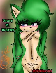 @mobianrebel anthro belly_button_piercing breach_the_hedgehog fan_character green_fur nude pussy scars seductive_smile sonic_oc tattoo_near_pussy