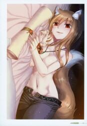 1girls animal_ears blush brown_hair cleavage clothing female female_only holo kemonomimi koume_keito light_brown_hair long_hair looking_at_viewer medium_breasts necklace oerba_yun_fang official_art on_bed on_side open_pants page_38 red_eyes smile solo spice_and_wolf tail topless topless_female wolf_ears wolf_girl wolf_tail