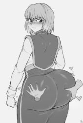 1boy ass ass_dough ass_grab big_ass blackwhiplash blush boy bubble_ass bubble_butt caked_up deep_skin disembodied_hands femboy girly greyscale hearts huge_ass huge_butt hunter_x_hunter kurapika looking_back male male_focus male_only monochrome poll_winner short_hair standing thick_thighs wide_hips yaoi