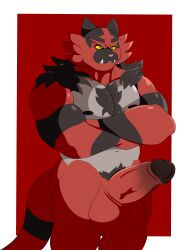 absurd_res anthro balls bara black_body black_fur chillyspicky felid feline fur genitals hi_res incineroar male male_only mammal muscular nintendo pantherine penis pokémon_(species) pokemon red_body red_fur solo tiger video_games